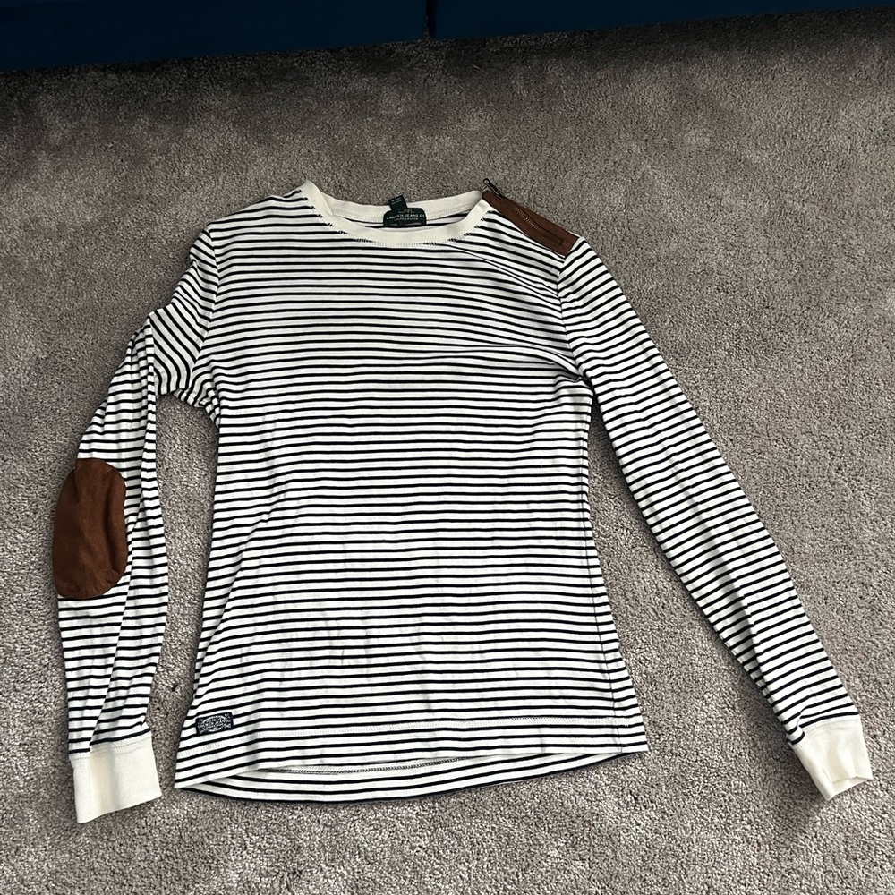 Ralph Lauren Navy and White Striped Shirt With Leather Accents